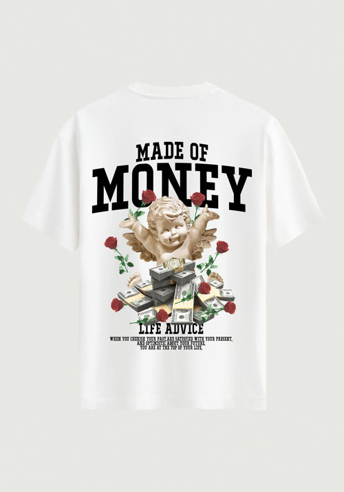 Unisex Bisiklet Yaka %100 Organik Pamuklu Kalın Dokulu Made Of Money Baskılı Oversize T-shirt - BEYAZ