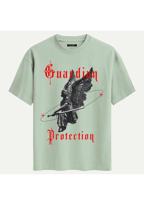 Unisex Bisiklet Yaka %100 Organik Pamuklu Kalın Dokulu Guardian Protection Baskılı Oversize T-shirt - BEJ