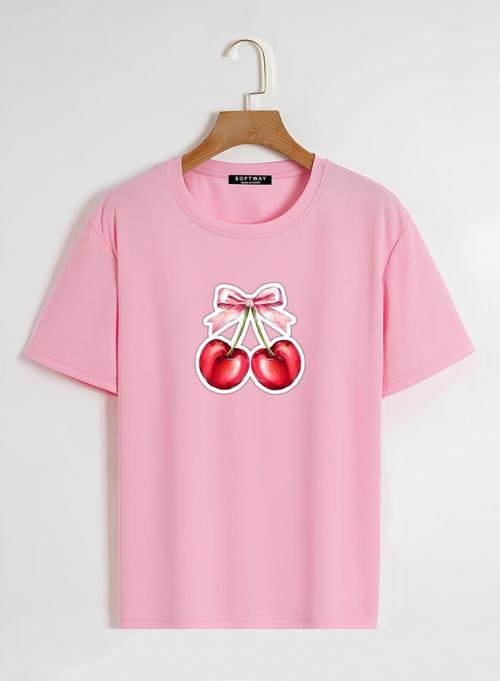 Unisex Oversize Bisiklet Yaka Ribbon Cherry Baskılı Basic T-Shirt - PEMBE