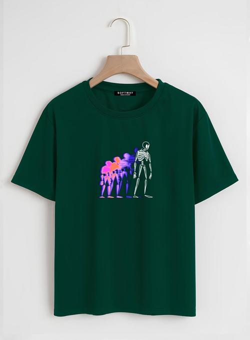 Unisex Oversize Bisiklet Yaka Colorful Skeleton Baskılı Basic T-Shirt - KOYU YEŞİL
