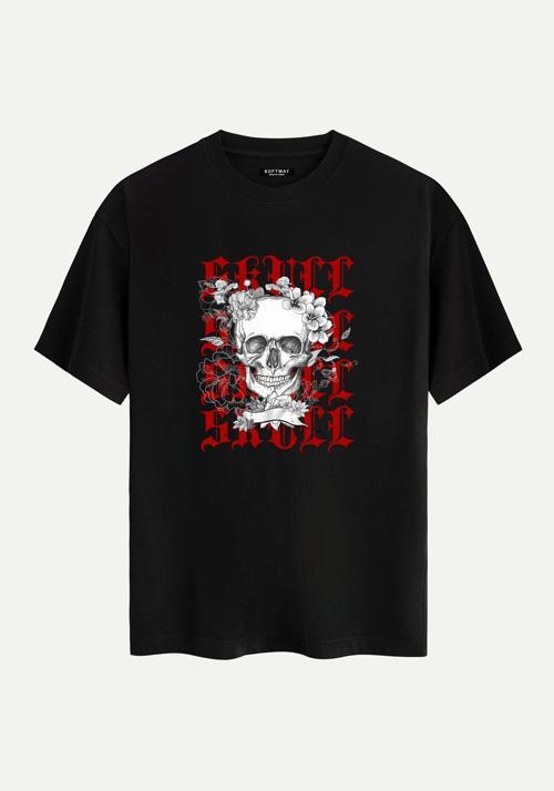 Unisex Bisiklet Yaka %100 Organik Pamuklu Kalın Dokulu Skull Baskılı Oversize T-shirt - SİYAH