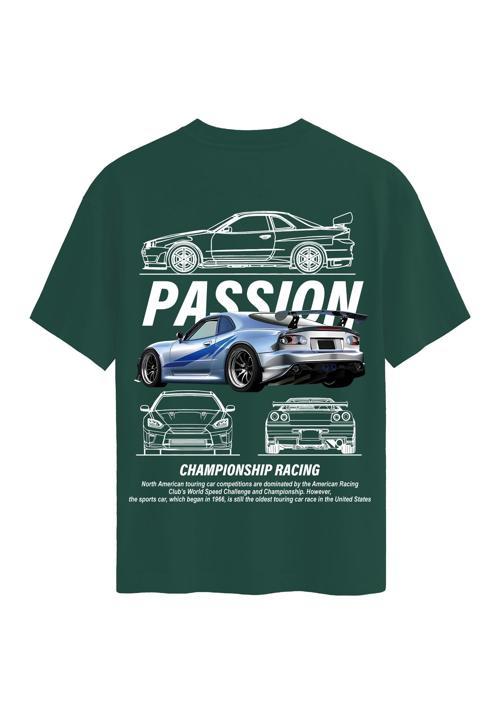 Unisex Bisiklet Yaka %100 Organik Pamuklu Kalın Dokulu Passion Baskılı Oversize T-shirt - KOYU YEŞİL