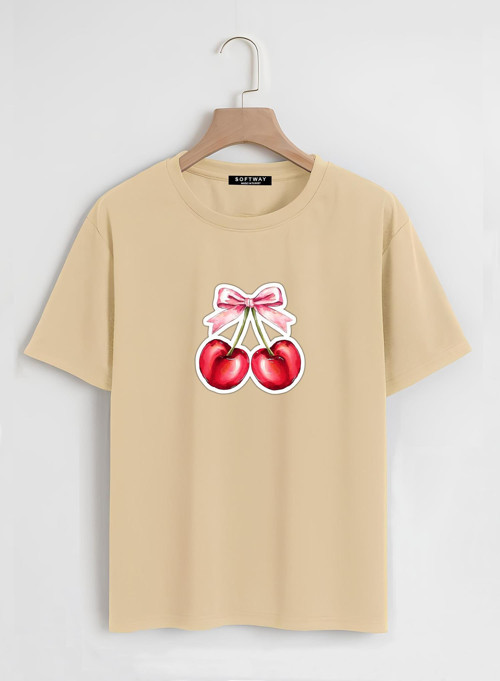 Unisex Oversize Bisiklet Yaka Ribbon Cherry Baskılı Basic T-Shirt - BEJ