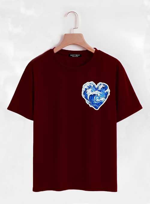 Unisex Oversize Bisiklet Yaka Ocean Heart Baskılı Basic T-Shirt - BORDO