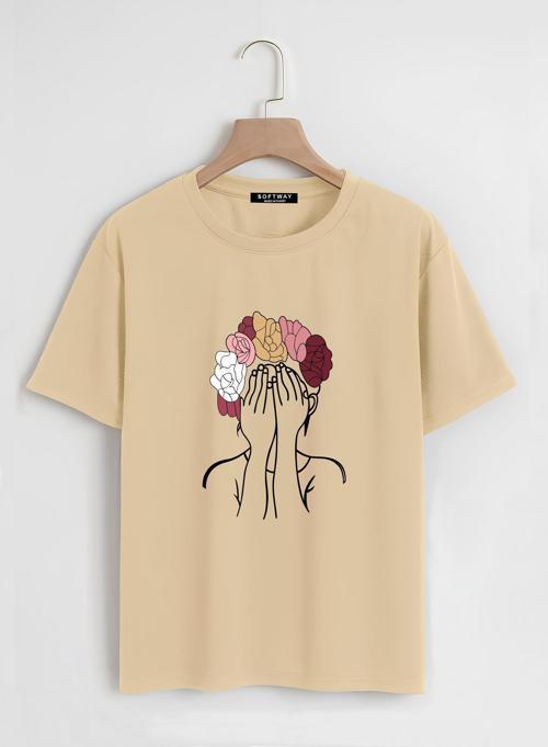 Unisex Oversize Bisiklet Yaka Colorful Hair Baskılı Basic T-Shirt - BEJ