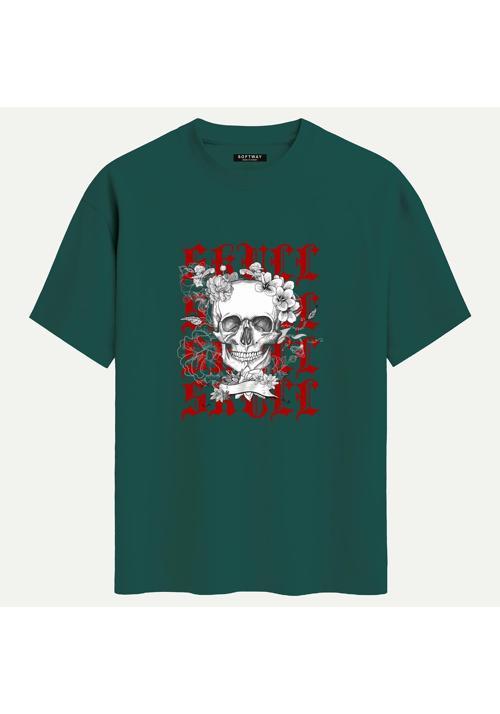 Unisex Bisiklet Yaka %100 Organik Pamuklu Kalın Dokulu Skull Baskılı Oversize T-shirt - KOYU YEŞİL