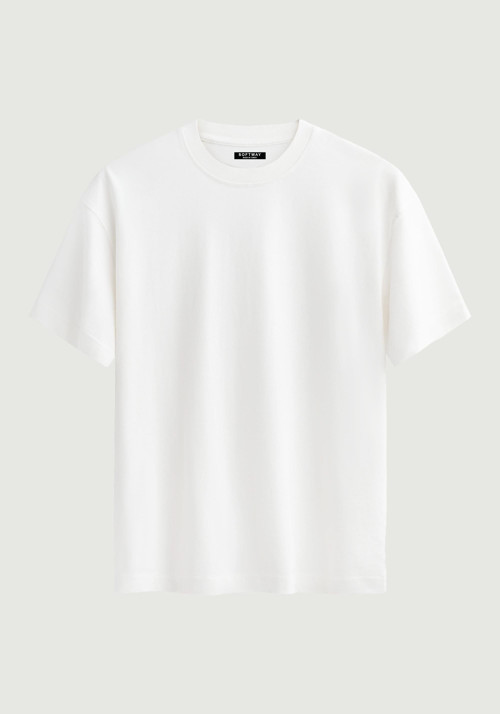 Unisex Bisiklet Yaka %100 Organik Pamuklu Kalın Dokulu Düz Oversize T-shirt - BEYAZ