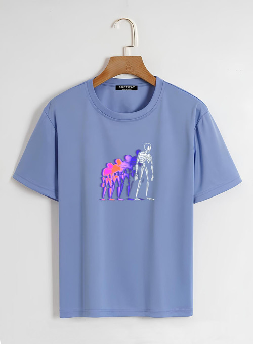 Unisex Oversize Bisiklet Yaka Colorful Skeleton Baskılı Basic T-Shirt - MAVİ