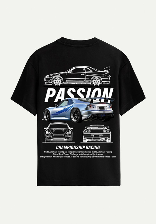 Unisex Bisiklet Yaka %100 Organik Pamuklu Kalın Dokulu Passion Baskılı Oversize T-shirt - SİYAH