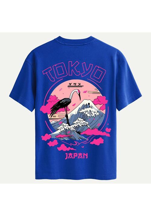 Unisex Bisiklet Yaka %100 Organik Pamuklu Kalın Dokulu Tokyo Baskılı Oversize T-shirt - SAKS MAVİSİ