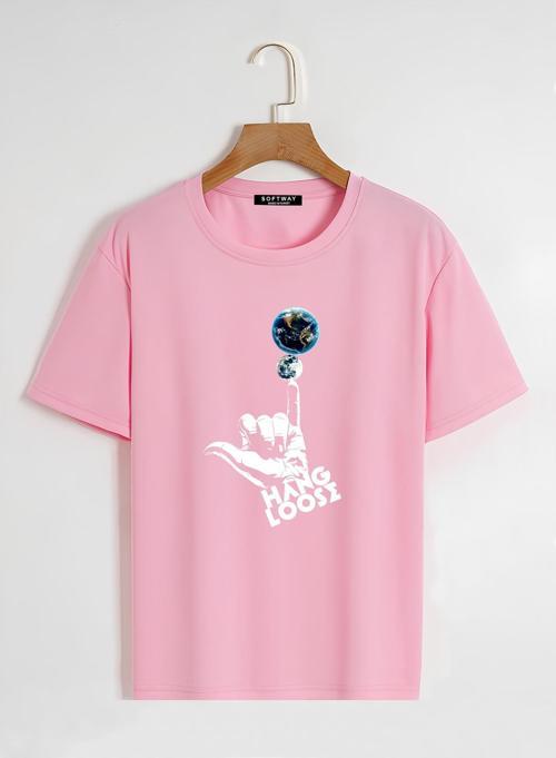 Unisex Oversize Bisiklet Yaka Hang Loose Baskılı Basic T-Shirt - PEMBE