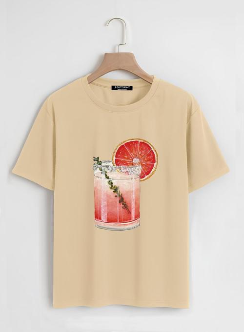 Unisex Oversize Bisiklet Yaka Orange Cocktail Baskılı Basic T-Shirt - BEJ