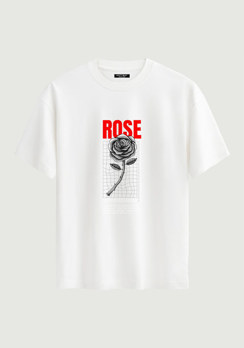 Unisex Bisiklet Yaka %100 Organik Pamuklu Kalın Dokulu Rose Baskılı Oversize T-shirt - BEYAZ