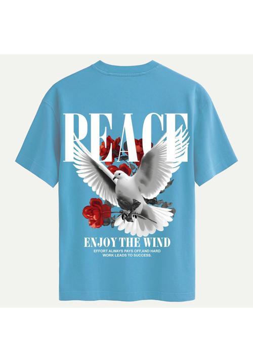 Unisex Bisiklet Yaka %100 Organik Pamuklu Kalın Dokulu Peace Baskılı Oversize T-shirt - MAVİ