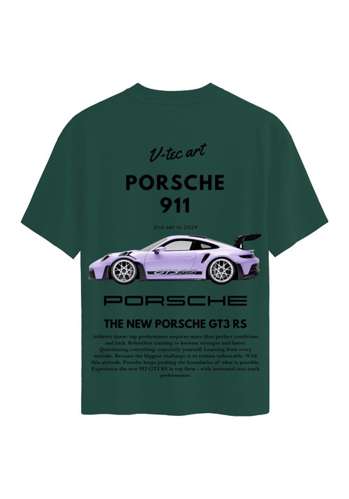 Unisex Bisiklet Yaka %100 Organik Pamuklu Kalın Dokulu Porsche 911 Baskılı Oversize T-shirt - KOYU YEŞİL