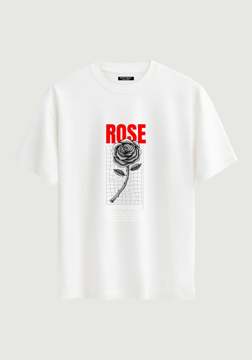 Unisex Bisiklet Yaka %100 Organik Pamuklu Kalın Dokulu Rose Baskılı Oversize T-shirt - BEYAZ