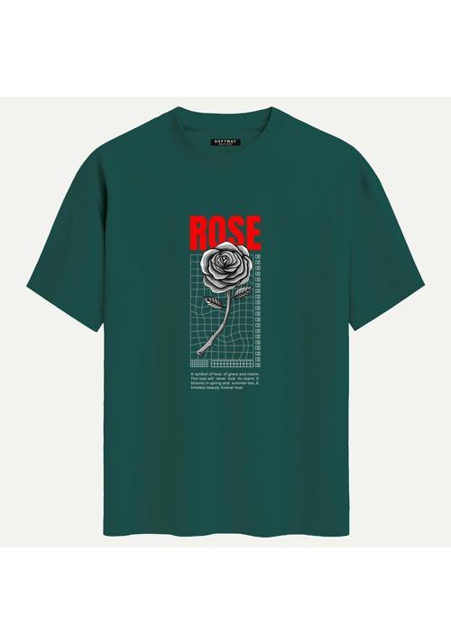Unisex Bisiklet Yaka %100 Organik Pamuklu Kalın Dokulu Rose Baskılı Oversize T-shirt - KOYU YEŞİL