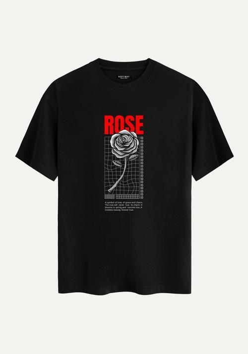 Unisex Bisiklet Yaka %100 Organik Pamuklu Kalın Dokulu Rose Baskılı Oversize T-shirt - SİYAH