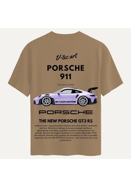 Unisex Bisiklet Yaka %100 Organik Pamuklu Kalın Dokulu Porsche 911 Baskılı Oversize T-shirt - AÇIK KAHVERENGİ