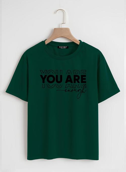 Unisex Oversize Bisiklet Yaka You Are Baskılı Basic T-Shirt - KOYU YEŞİL