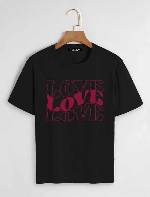 Unisex Oversize Bisiklet Yaka Theree Love Baskılı Basic T-Shirt - SİYAH