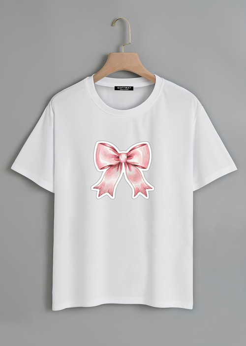 Unisex Oversize Bisiklet Yaka Powder Pink Ribbon Baskılı Basic T-Shirt - BEYAZ