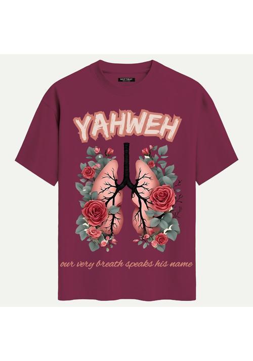Unisex Bisiklet Yaka %100 Organik Pamuklu Kalın Dokulu YAHWEH Baskılı Oversize T-shirt - BORDO