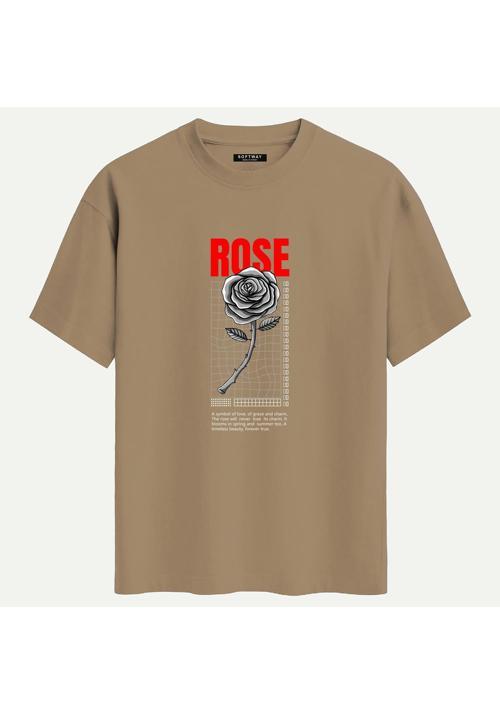 Unisex Bisiklet Yaka %100 Organik Pamuklu Kalın Dokulu Rose Baskılı Oversize T-shirt - AÇIK KAHVERENGİ