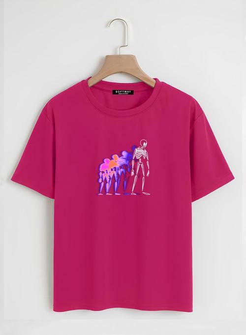 Unisex Oversize Bisiklet Yaka Colorful Skeleton Baskılı Basic T-Shirt - FUŞYA