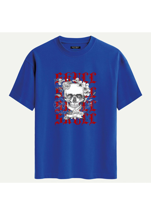 Unisex Bisiklet Yaka %100 Organik Pamuklu Kalın Dokulu Skull Baskılı Oversize T-shirt - SAKS MAVİSİ