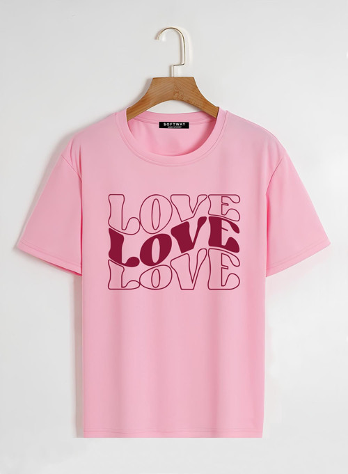 Unisex Oversize Bisiklet Yaka Theree Love Baskılı Basic T-Shirt - PEMBE
