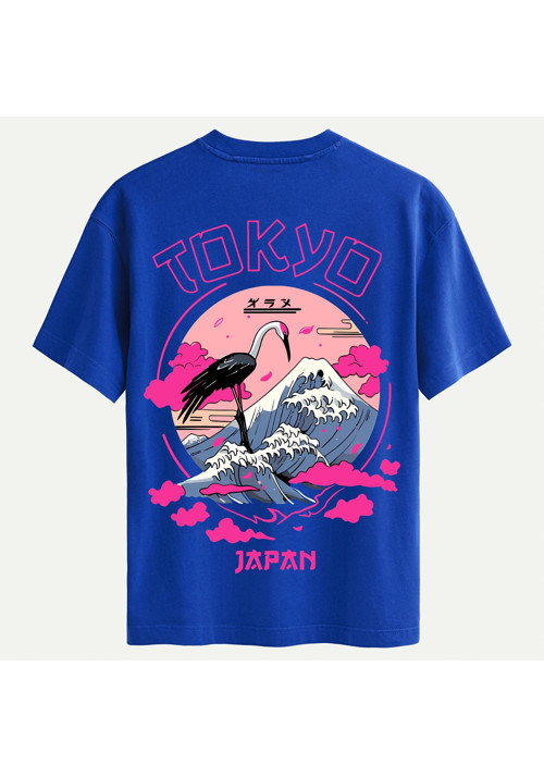 Unisex Bisiklet Yaka %100 Organik Pamuklu Kalın Dokulu Tokyo Baskılı Oversize T-shirt - SAKS MAVİSİ