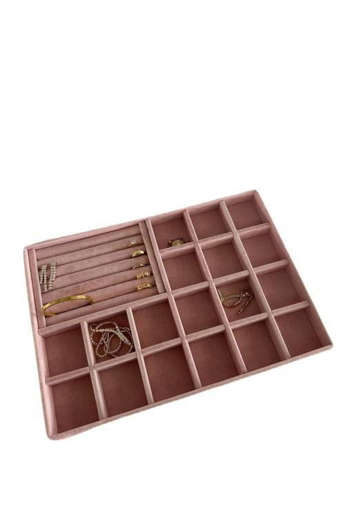 Bakü Model Süet Pembe Renk 34/24 Cm Bölmeli-Sosisli Çekmece Içi Takı Standı