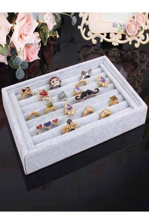 Küçük Boy Süet Kumaş Gri Renk 22,5/14,5 Cm Rulo Çekmece Içi Yüzük Standı