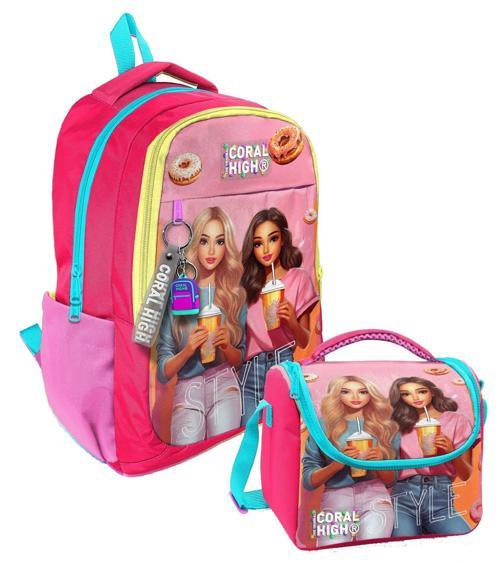 Kız Çocuk İlk ve Ortaokul Sırt Çantası ve Beslenme Çantası - Pembe Kırmızı Fashion Girl
