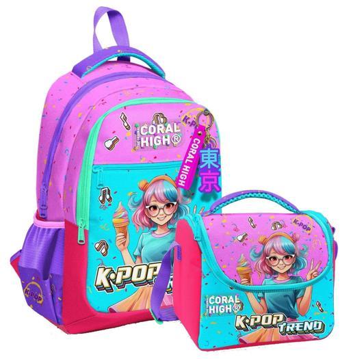 Kız Çocuklar İçin Üç Gözlü Pembe K-Pop Dondurmalı Kız Okul Sırt Çantası ve Termal Beslenme Çantası