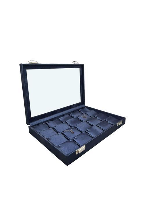 Cam Kapaklı Imera Deri Kumaş Lacivert Renk 34 Cm / 24 Cm Bölmeli Kolye Tablası