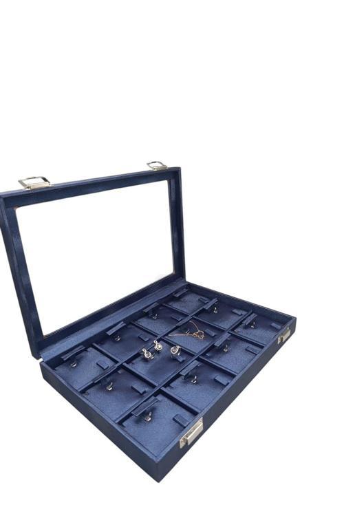 Cam Kapaklı Imera Deri Kumaş Lacivert Renk 34 Cm / 24 Cm Üçlü Set Tablası