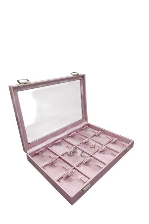 Cam Kapaklı Imera Deri Kumaş Pembe Renk 34 Cm / 24 Cm Üçlü Set Tablası