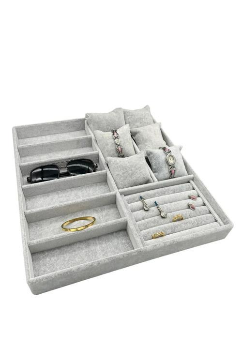 Miami Model Süet Kumaş Gri Renk 38Cm /34 Cm Mix Takı Sergileme Çekmece Içi Stand