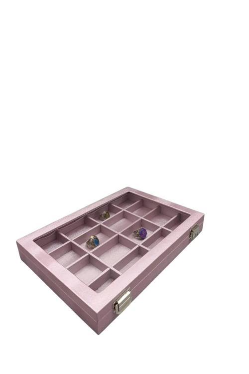 Cam Kapaklı İmera Kumaş Pembe Renk 34 Cm / 24 Cm Bölmeli Takı Standı