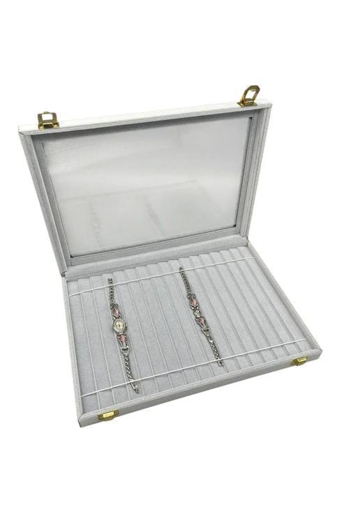 Cam Kapaklı Süet Kumaş Gri 34 Cm / 24 Cm Kademeli Bileklik-Kolye Sergileme Standı
