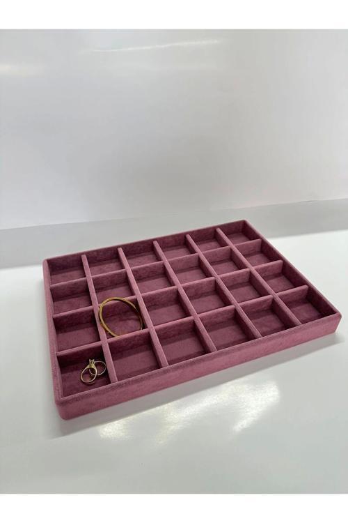 Süet Kumaş Bordo Renk 34 Cm / 24 Cm 24 Bölmeli Çekmece Içi Takı Standı