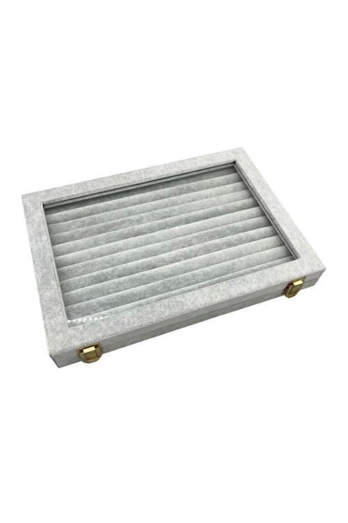Cam Kapaklı Süet Kumaş Gri Renk 34 Cm / 24 Cm Sosisli Yüzük Sergileme Standı