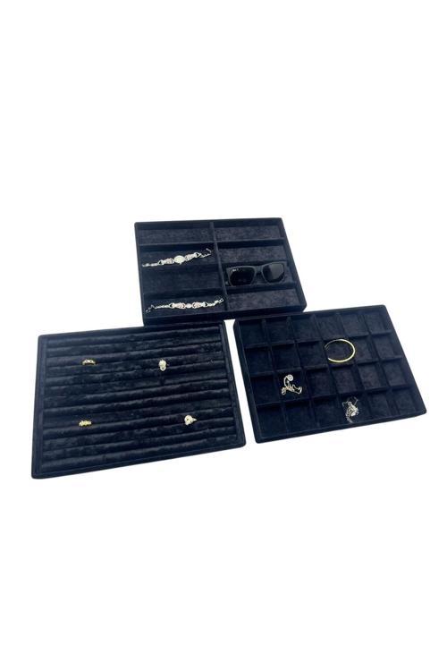 Süet Kumaş Siyah Renk 34/24 Cm 3 Lü Takım Çekmece Içi Takı Tablası