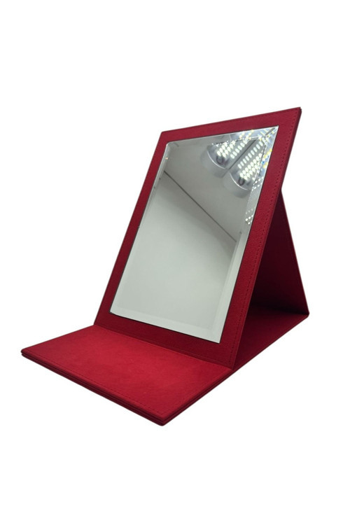 Deri Kumaş Kaplama Kırmızı Renk Katlanabilir Ayaklı Takı Ve Makyaj Aynası 31*X31 Cm
