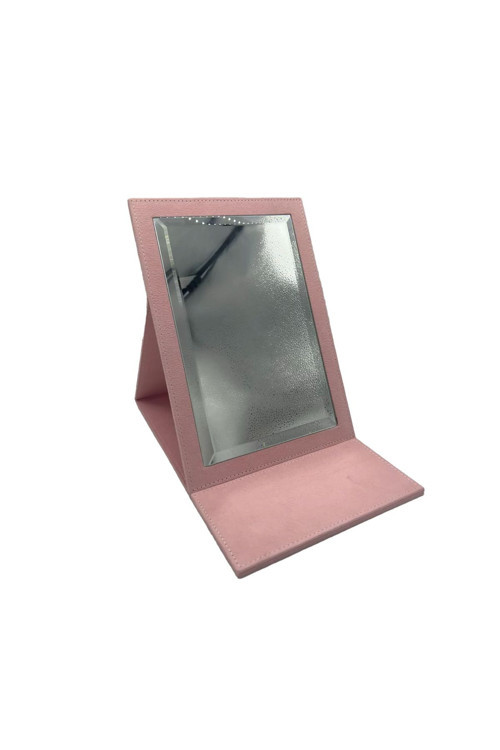 Deri Kumaş Kaplama Pembe Renk Katlanabilir Ayaklı Takı Ve Makyaj Aynası 31*X31 Cm