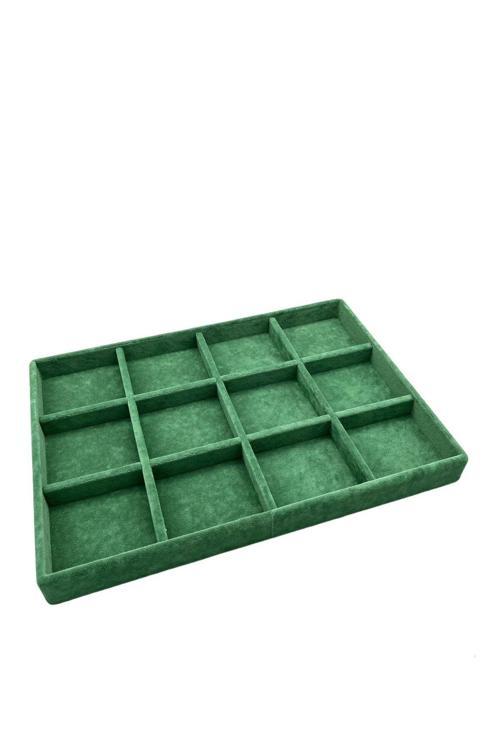 Süet Kumaş Yeşil Renk 34 Cm / 24 Cm 12 Bölmeli Çekmece Içi Takı Standı