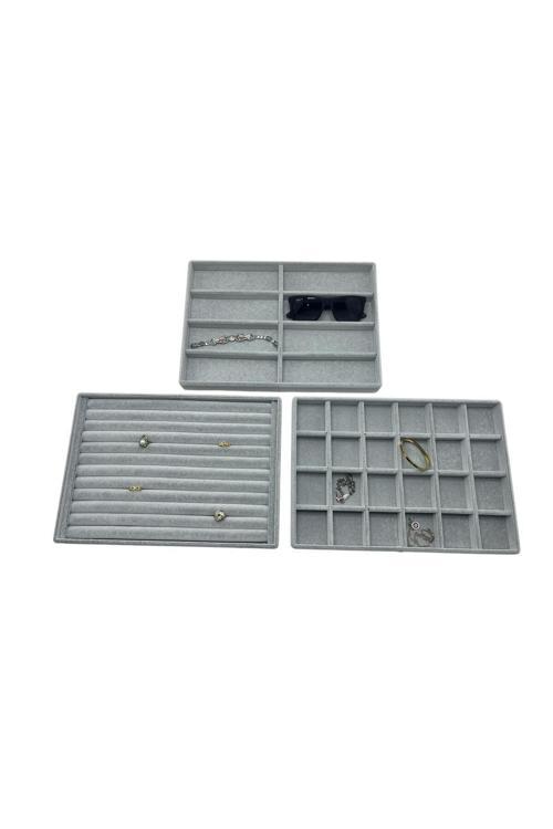 Süet Kumaş Gri Renk 34/24 Cm 3 Lü Takım Çekmece Içi Takı Tablası