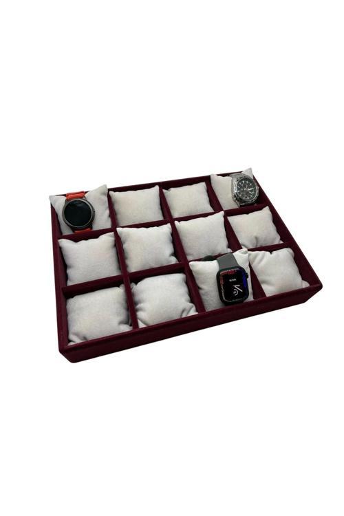 Tokyo Model Süet Kumaş Bordo -Beyaz Renk 34/24 Cm Yastıklı Saat Ve Takı Kutusu